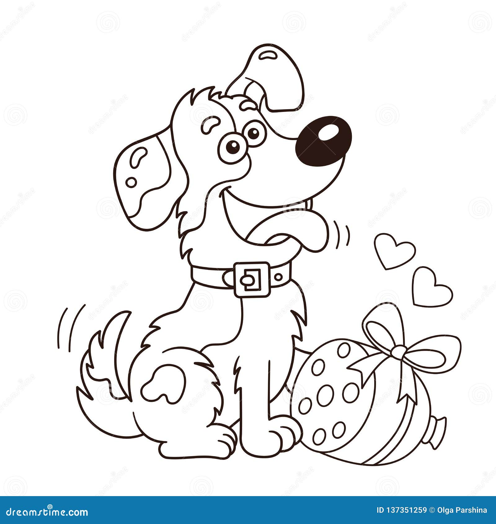 Coloring page outline of cartoon dog with sausage greeting card birthday valentines day stock vector