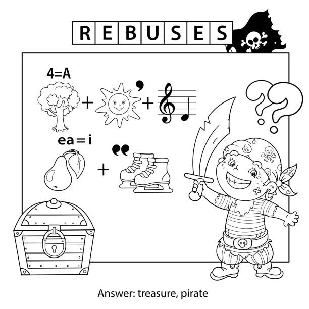 Rebus or logic puzzle game for children coloring page outline of cartoon pirate with treasure chest coloring book for kids stock illustration