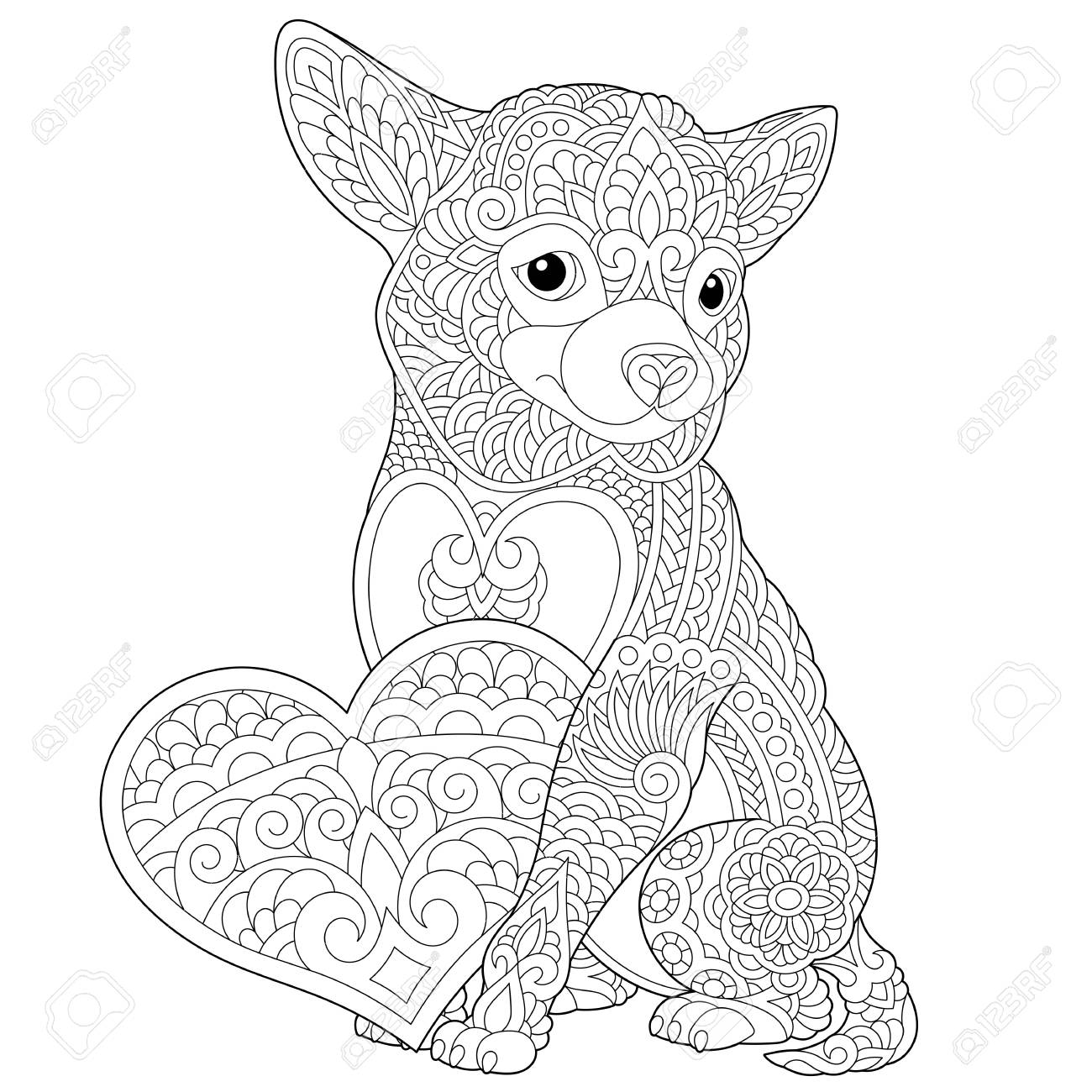 Coloring page lovely dog with heart for valentines day card anti stress colouring picture with chihuahua freehand sketch drawing with doodle elements royalty free svg cliparts vectors and stock illustration image