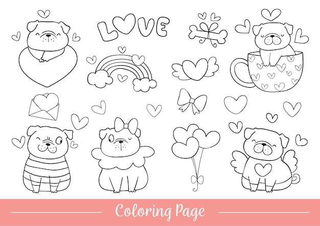 Premium vector drawing of coloring page cute pug dog for valentine day