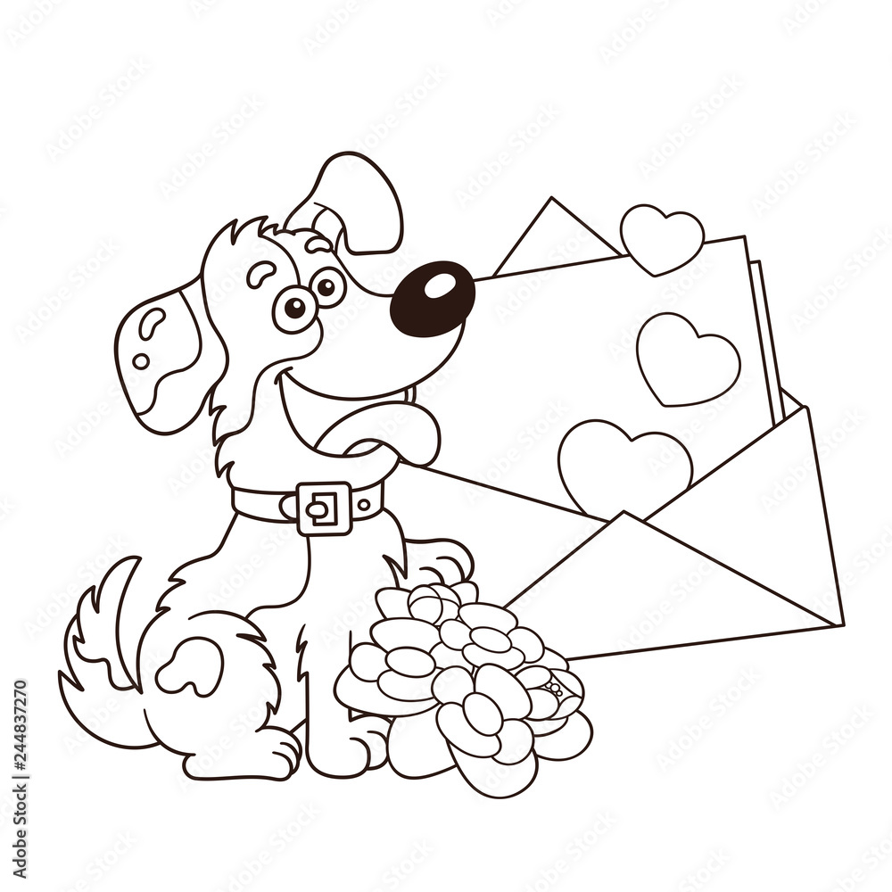 Coloring page outline of cartoon dog with flowers and letter greeting card birthday valentines day coloring book for kids vector
