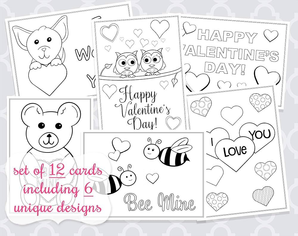 Valentine coloring cards greeting holiday hearts love dog owl bee teddy bear coloring pages printed flat cards envelopes kids diy crafts school grandchildren assortment pack count buy online at best