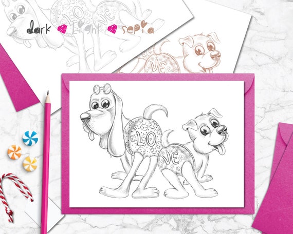 Love funny animal coloring page cute dogs valentine coloring page adults and kids coloring page download coloring postcard pdf instant download