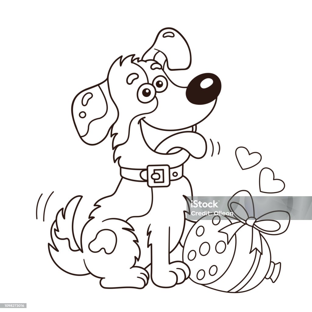 Coloring page outline of cartoon dog with sausage greeting card birthday valentines day coloring book for kids stock illustration
