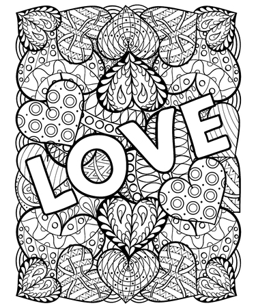 Hand drawn st valentines day artistically ornamental patterned hearts with love in doodle zentangle tribal style for adult coloring pages tattoo t