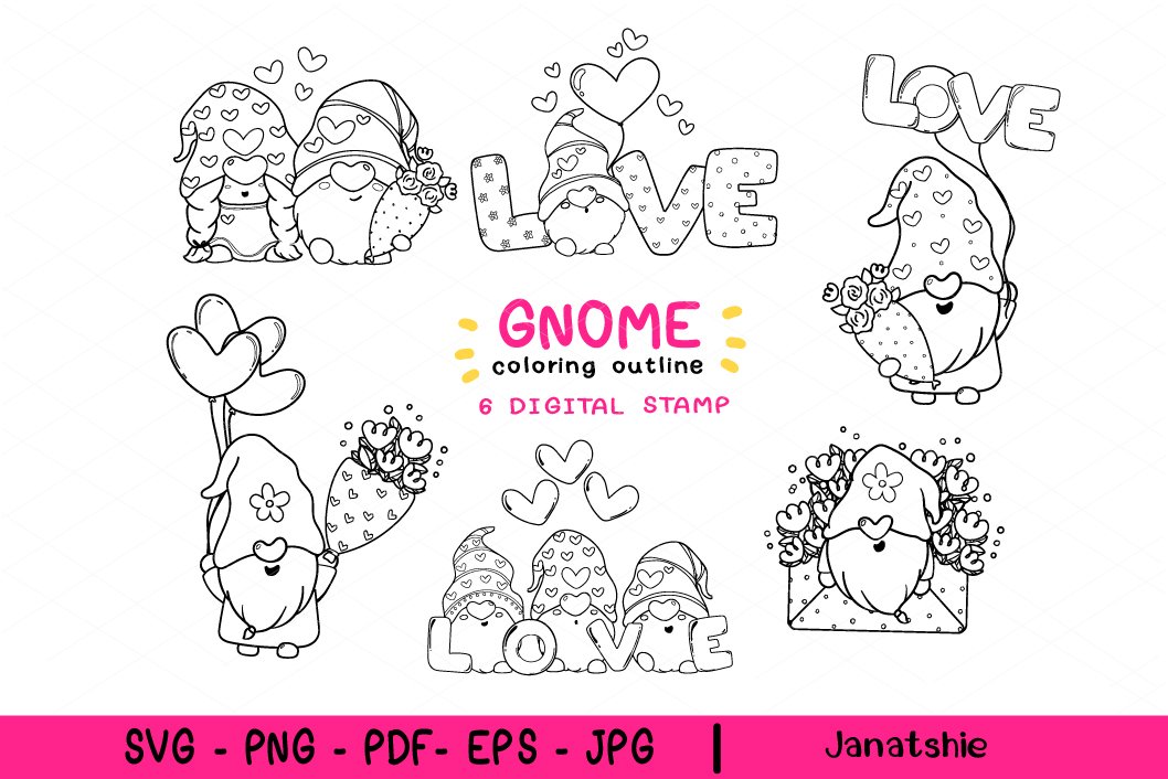 Valentine gnome digital stamp outline clip art