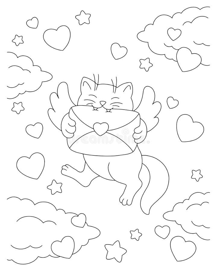 A cat with wings carries a love letter coloring book page for kids valentines day cartoon style character stock vector