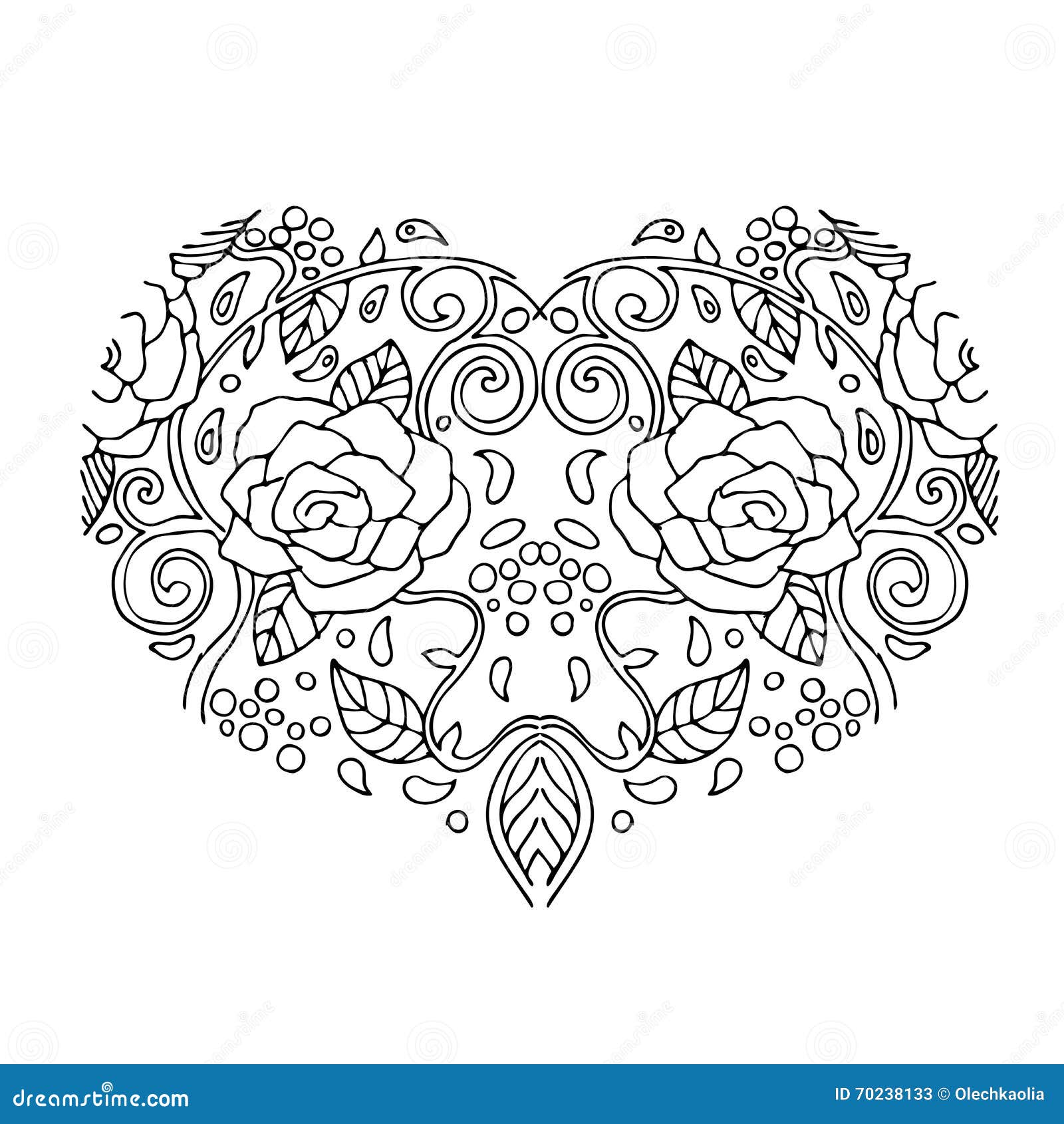 Decorative love heart with flowers valentines day card coloring book for adult and children coloring page outline drawing stock vector