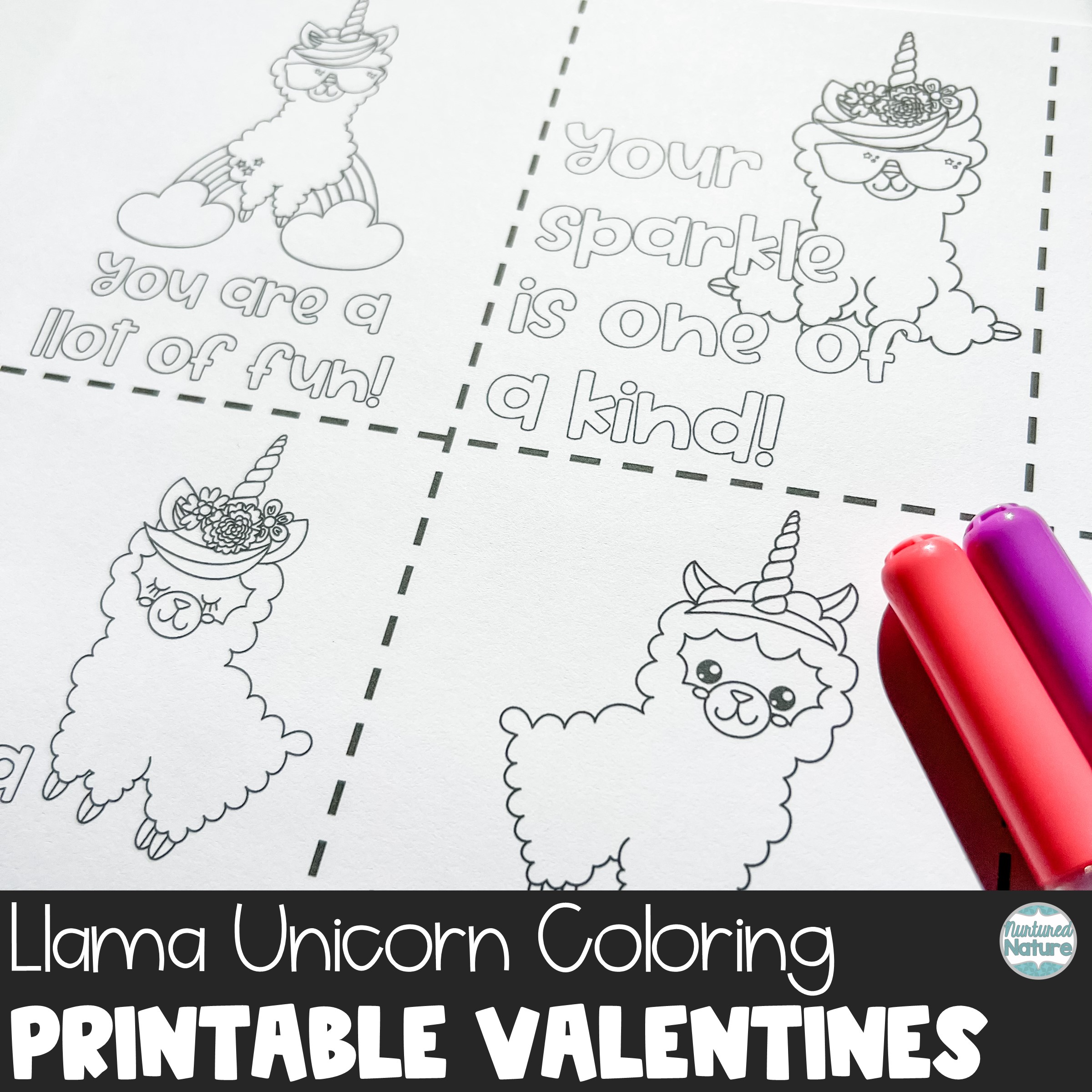 Llama unicorn coloring valentines day cards for students made by teachers