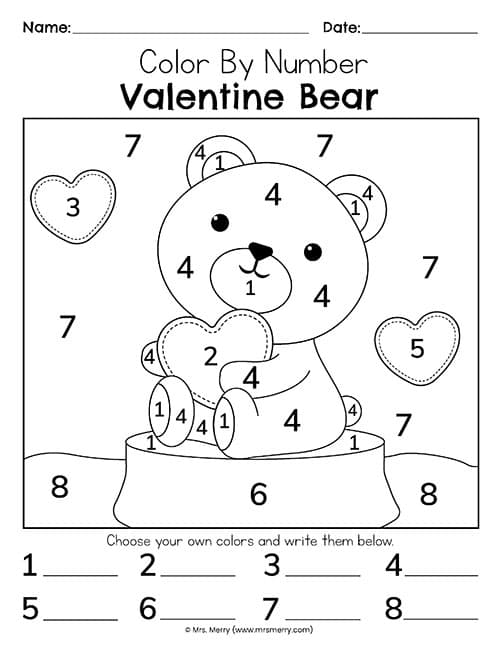 Valentines day color by number free printable mrs merry