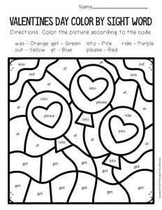 Color by sight word valentines day kindergarten worksheets