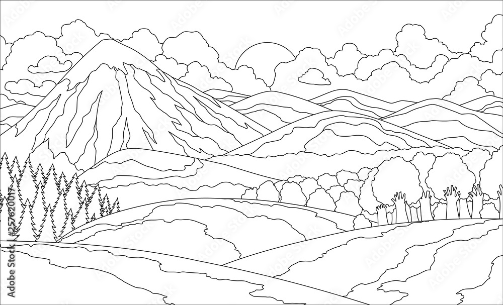 Summer mountain landscape coloring book valley vector illustration vector