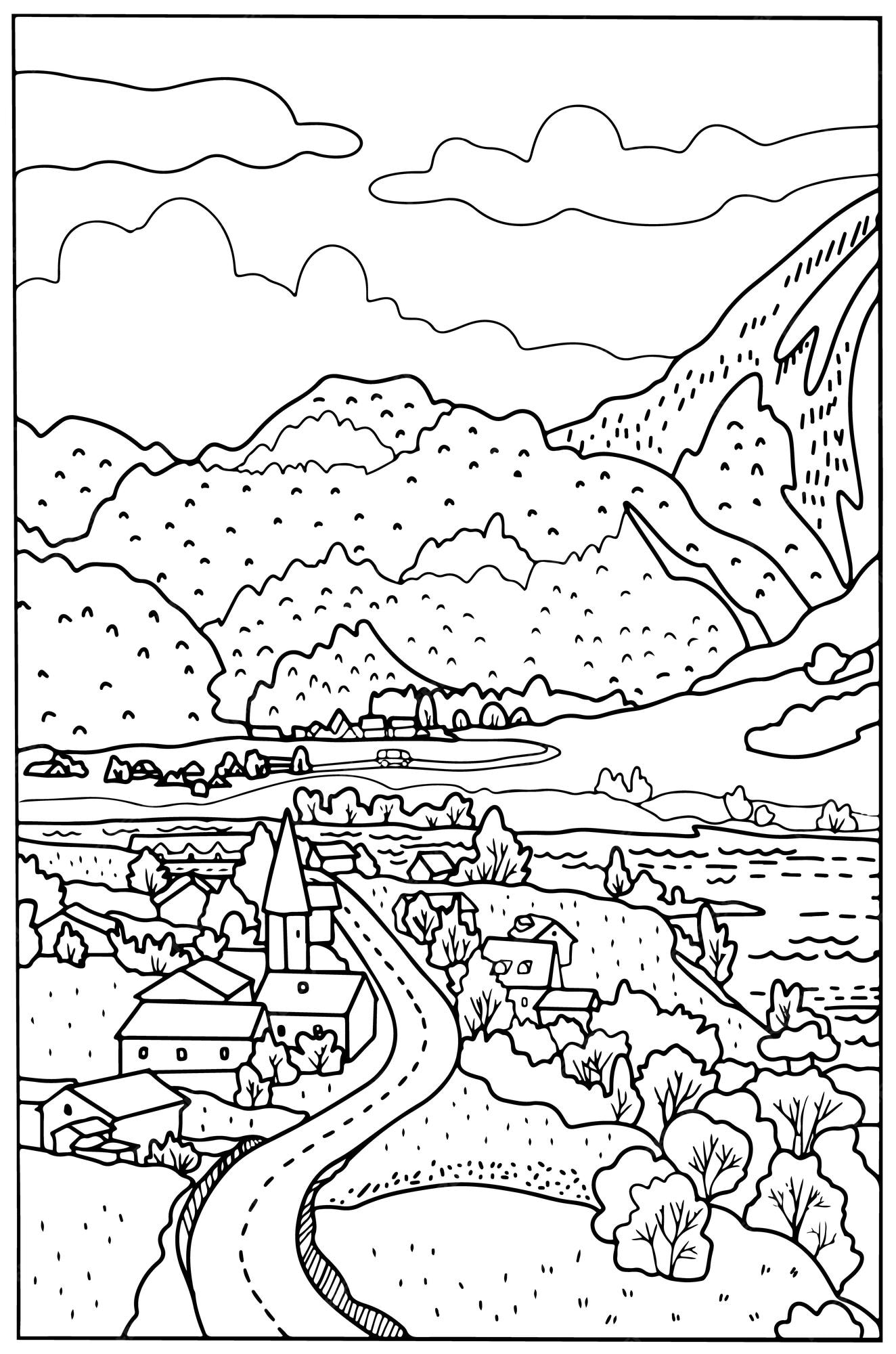 Premium vector coloring book lovely landscapemountains and village in the valley vector art line background