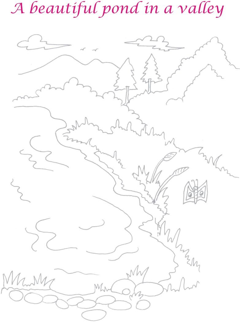 Scenery pond in valley coloring page