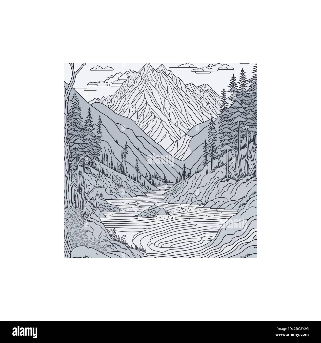 Landscape coloring book black and white mountains and river stock vector image art