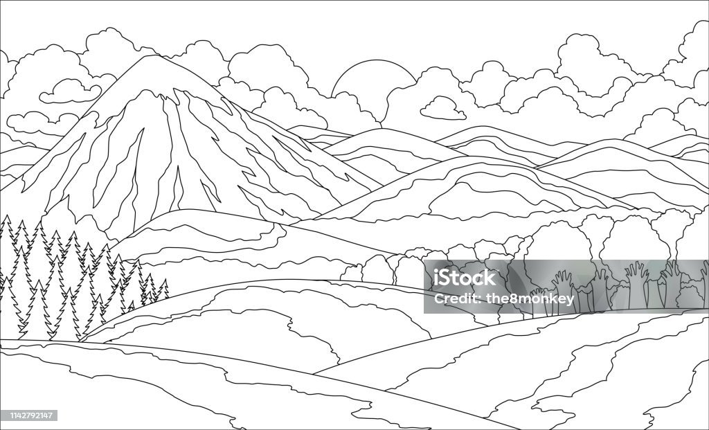 Summer mountain landscape coloring book valley vector illustration stock illustration