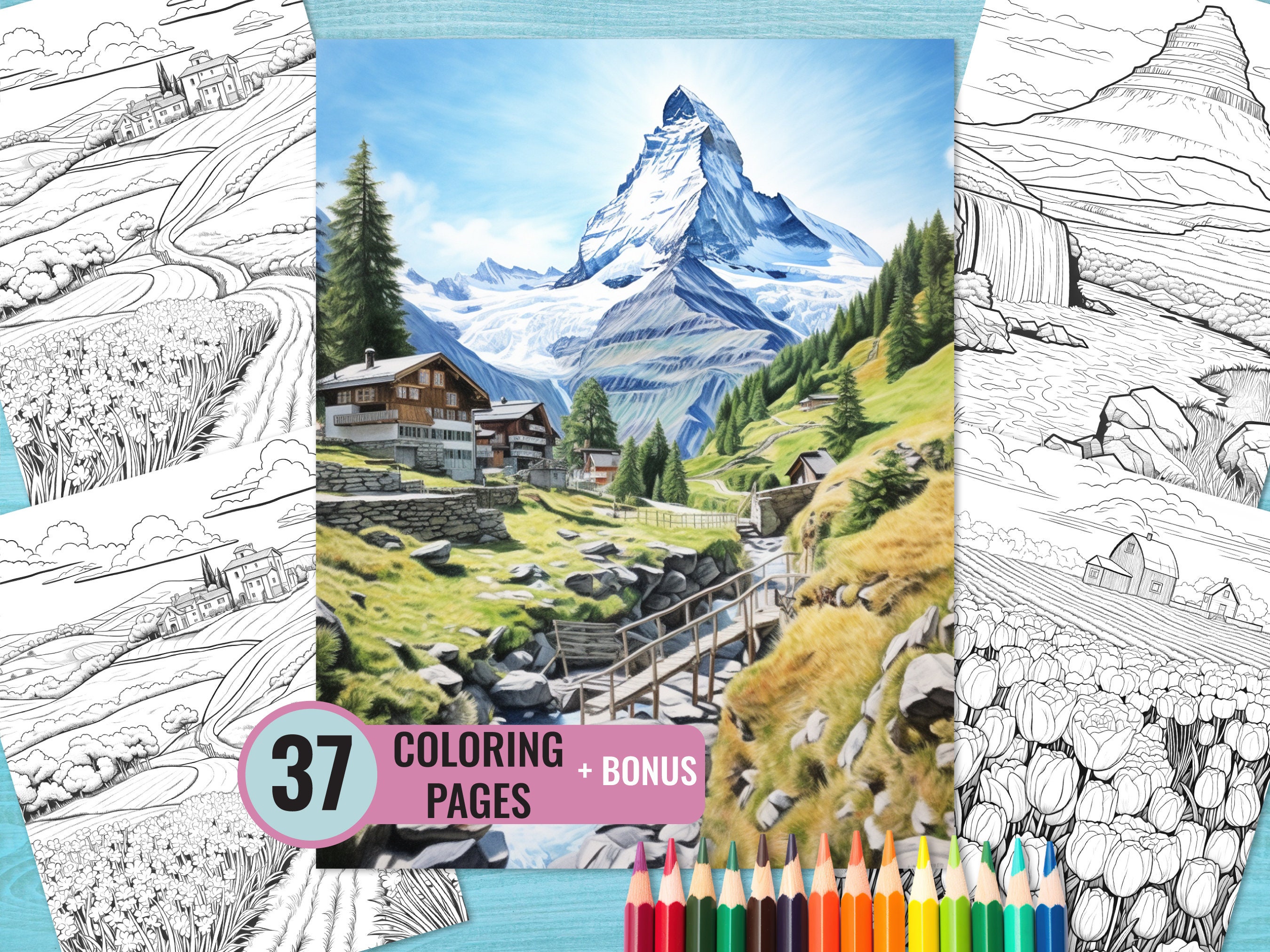 Europe landscape coloring pages printable scenery coloring book for adults europe landmarks grayscale coloring page digital download