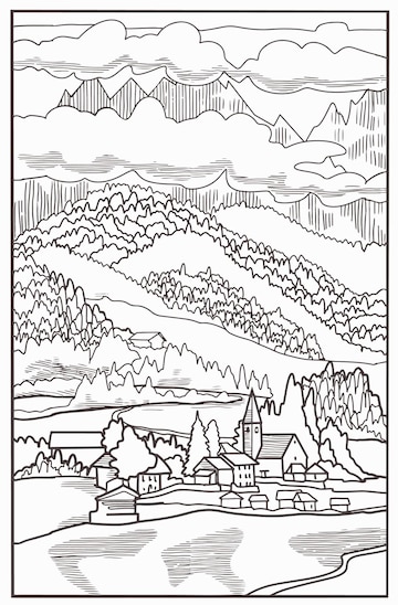 Premium vector coloring book lovely landscapemountains and village in the valley vector art line background