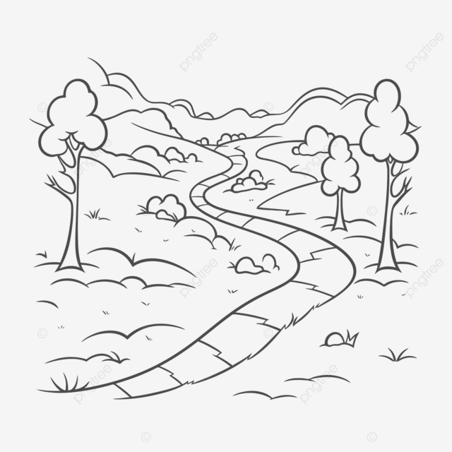 Drawn map coloring page in the countryside with a road leading down to a valley outline sketch drawing vector road drawing wing drawing ring drawing png and vector with transparent background for