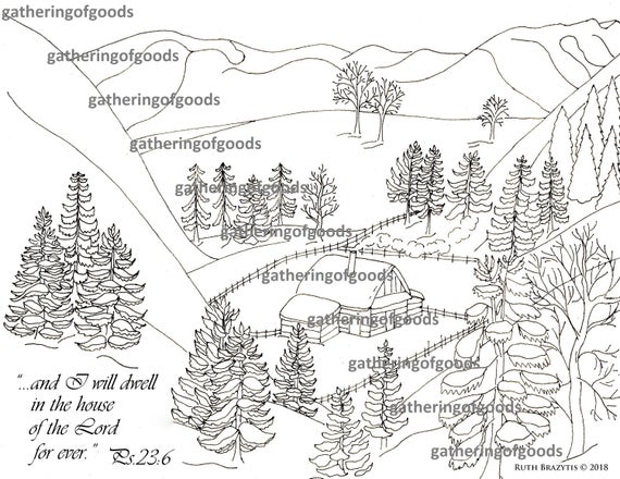 Instant download nature coloring page landscape cabin in the valley color pencils winter scene coloring page mountain scene