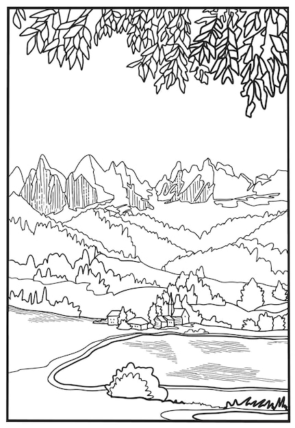 Premium vector coloring book lovely landscapemountains and village in the valley vector art line background