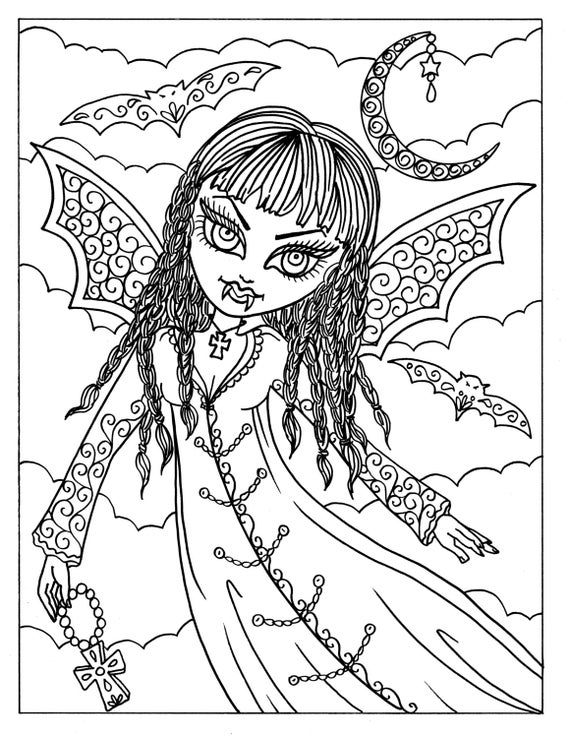 Pages vampire vixens to color instant download print and color coloring pages halloweendigitaldigicolor pageadult coloring