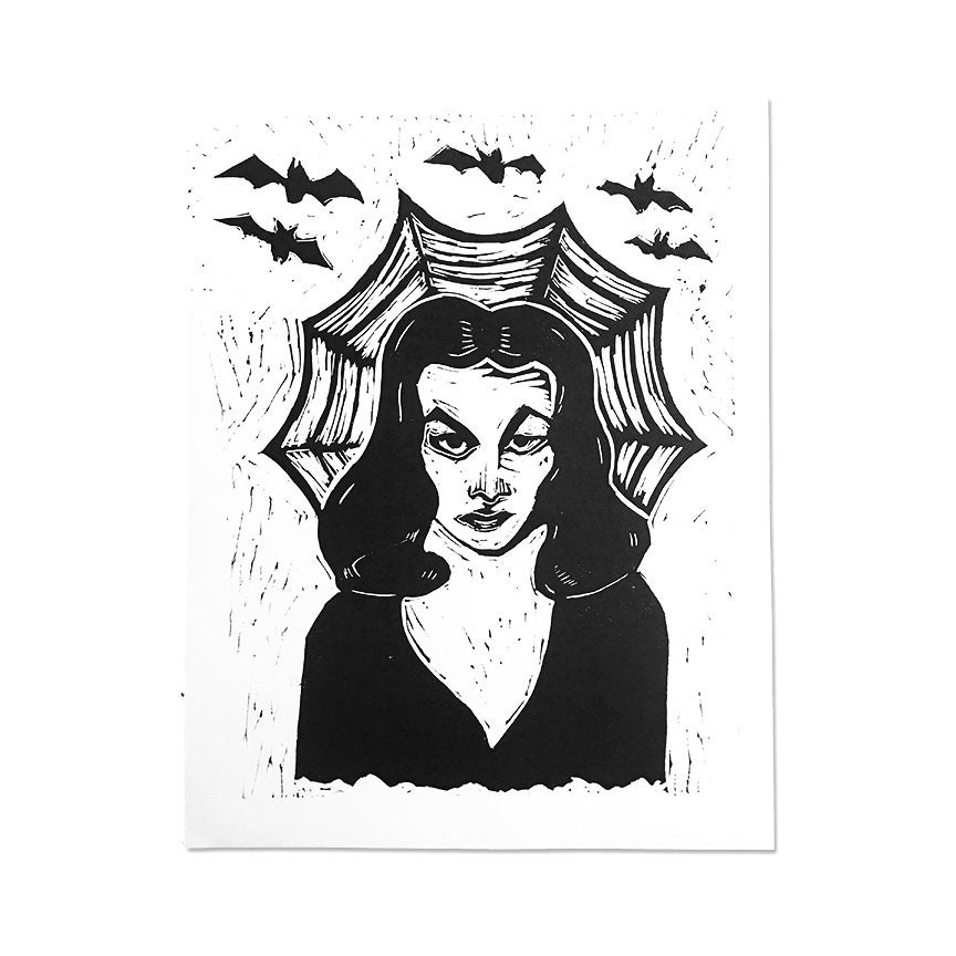 Gothic decor horror decor linocut art vampira art print linocut print home decor block prints halloween gifts horror movie