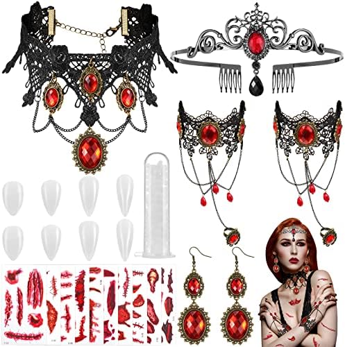 Pcs halloween gothic vampire costume accessories set black vampire bat red stone halloween headband vampire necklace bracelet earrings vampire teeth fangs tattoo scar for women girl dress up black red gold