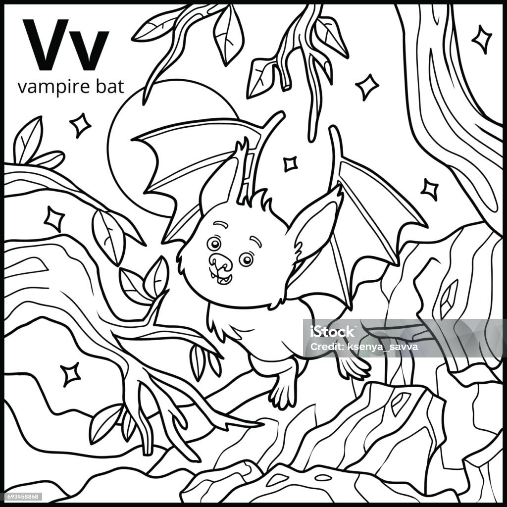 Coloring book colorless alphabet letter v vampire bat stock illustration