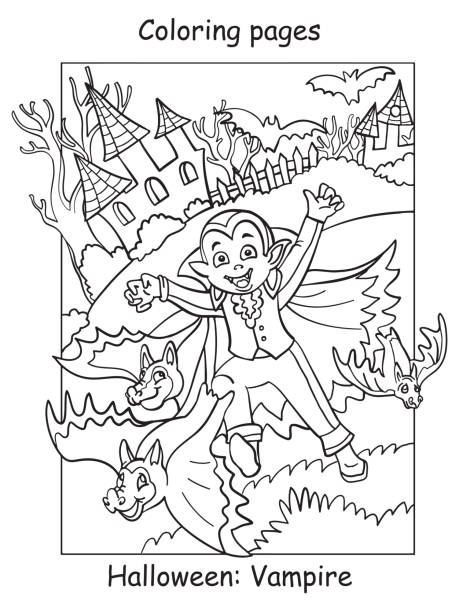 Coloring halloween cute little vampire and bats stock illustration