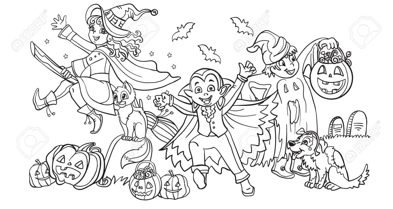 Cartoon halloween illustration vector coloring pages happy children in costumes of witch vampire ghost with pumpkins coloring book pages for children preschool education print game decoration royalty free svg cliparts vectors and