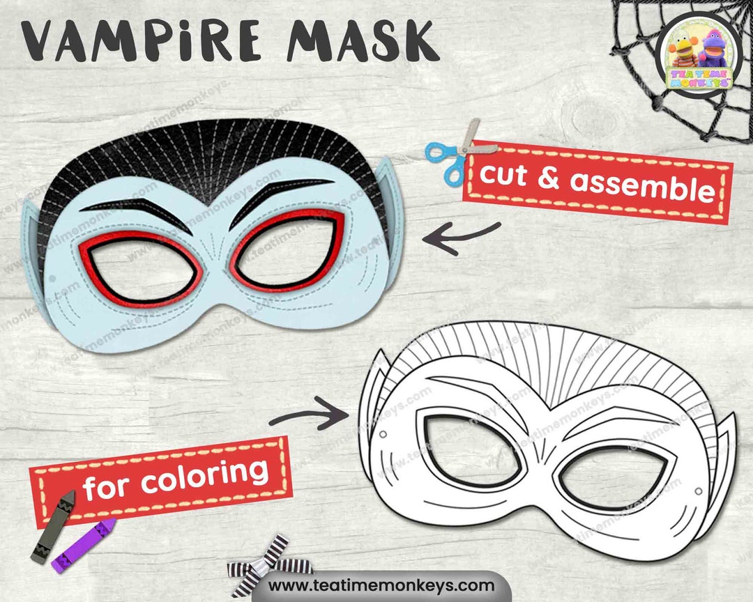 Vampire mask in color and for coloring printable halloween mask for kids pdf halloween craft halloween costume for kids