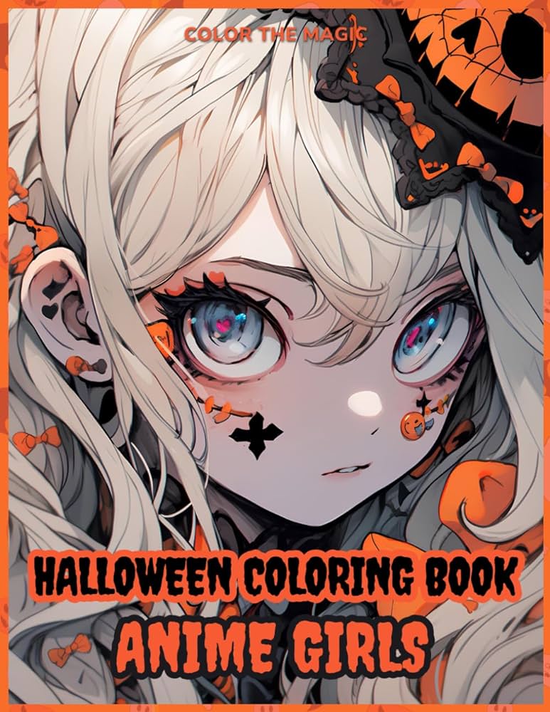 Halloween coloring book anime girls spooky coloring pages for kids and adults simple pictures with cute ghost pumpkin cat witche mummie vampire skeleton designs anime coloring books color the