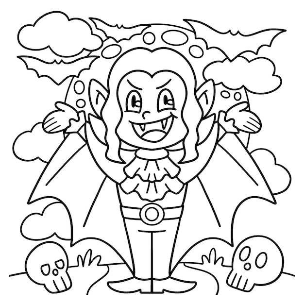 Premium vector girl vampire halloween coloring page for kids