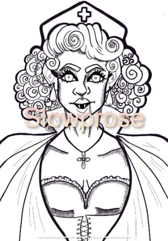 Printable vampire nurse coloring page for adults mythical creatures coloring page hand drawn spooky art halloween coloring sheet