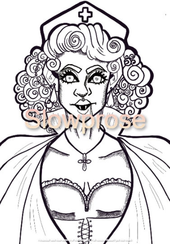 Printable vampire nurse coloring page for adults mythical creatures coloring page hand drawn spooky art halloween coloring sheet