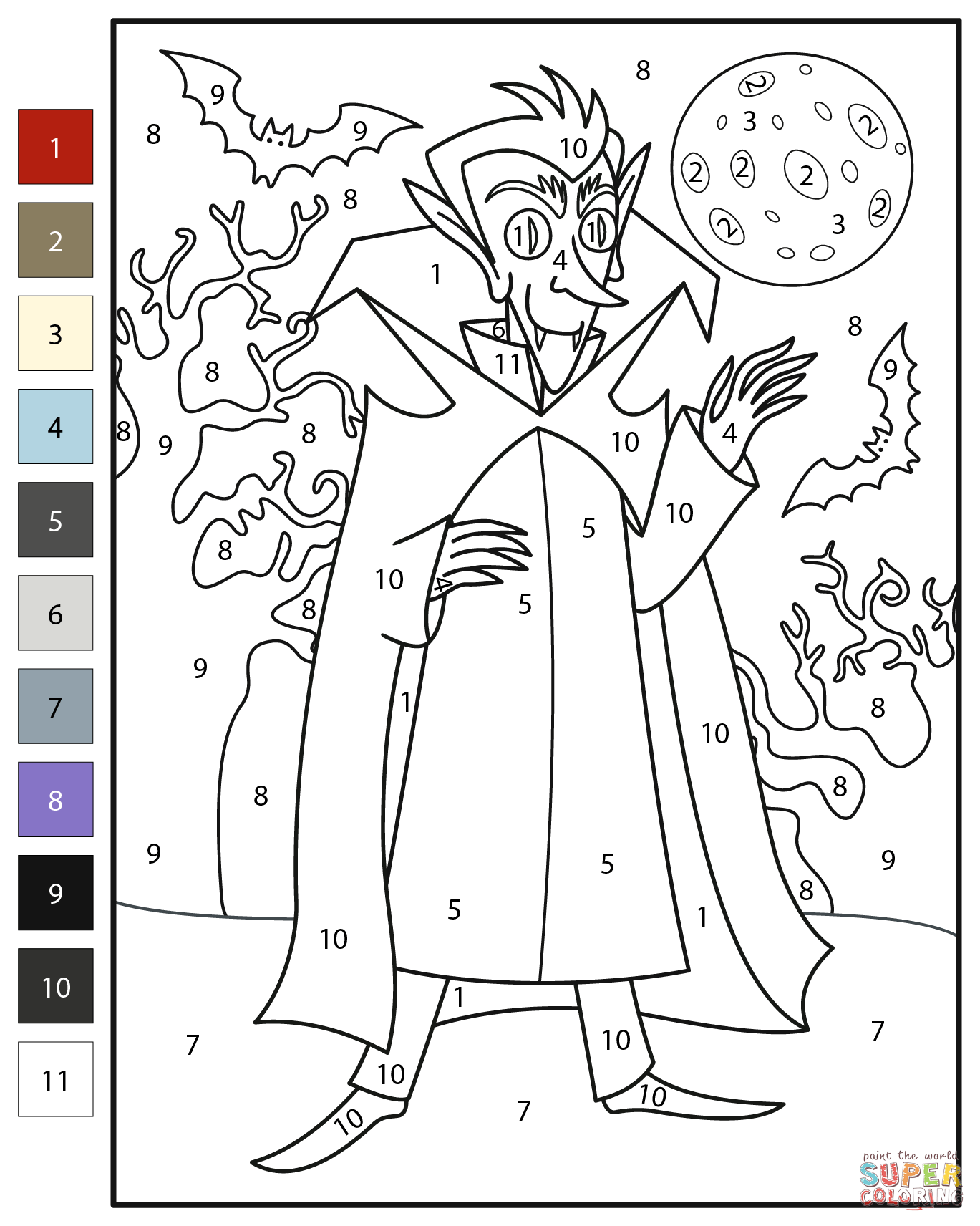 Vampire color by number free printable coloring pages