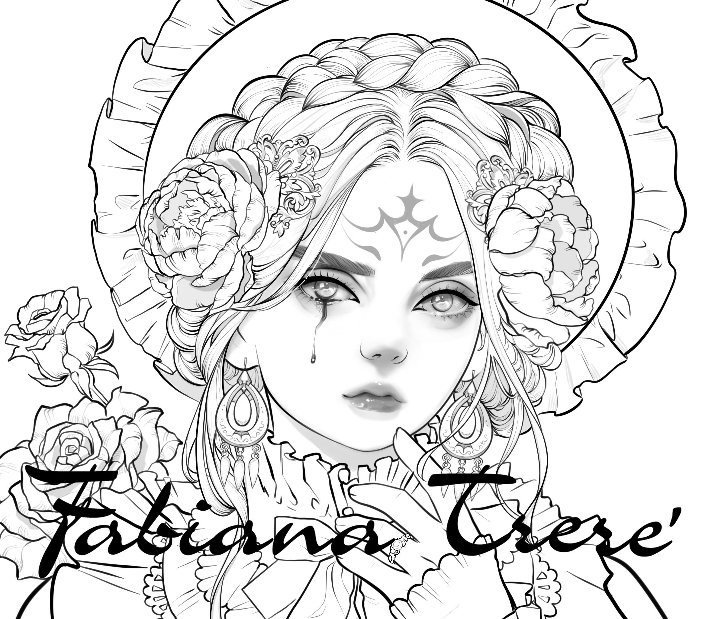 Vampire girl victorian coloring page for adults digital stamp coloring line art instant download grayscale coloring jpeg