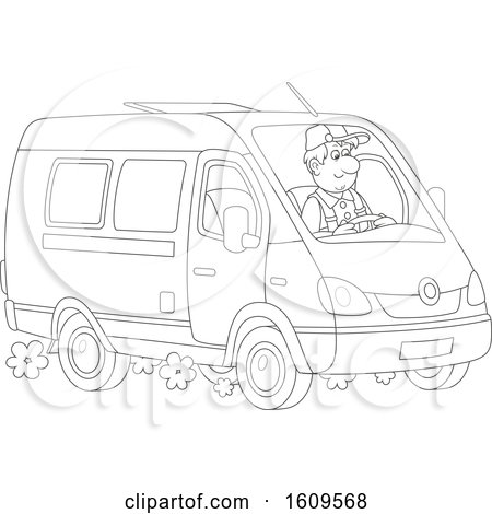 Clipart of a lineart man driving a van