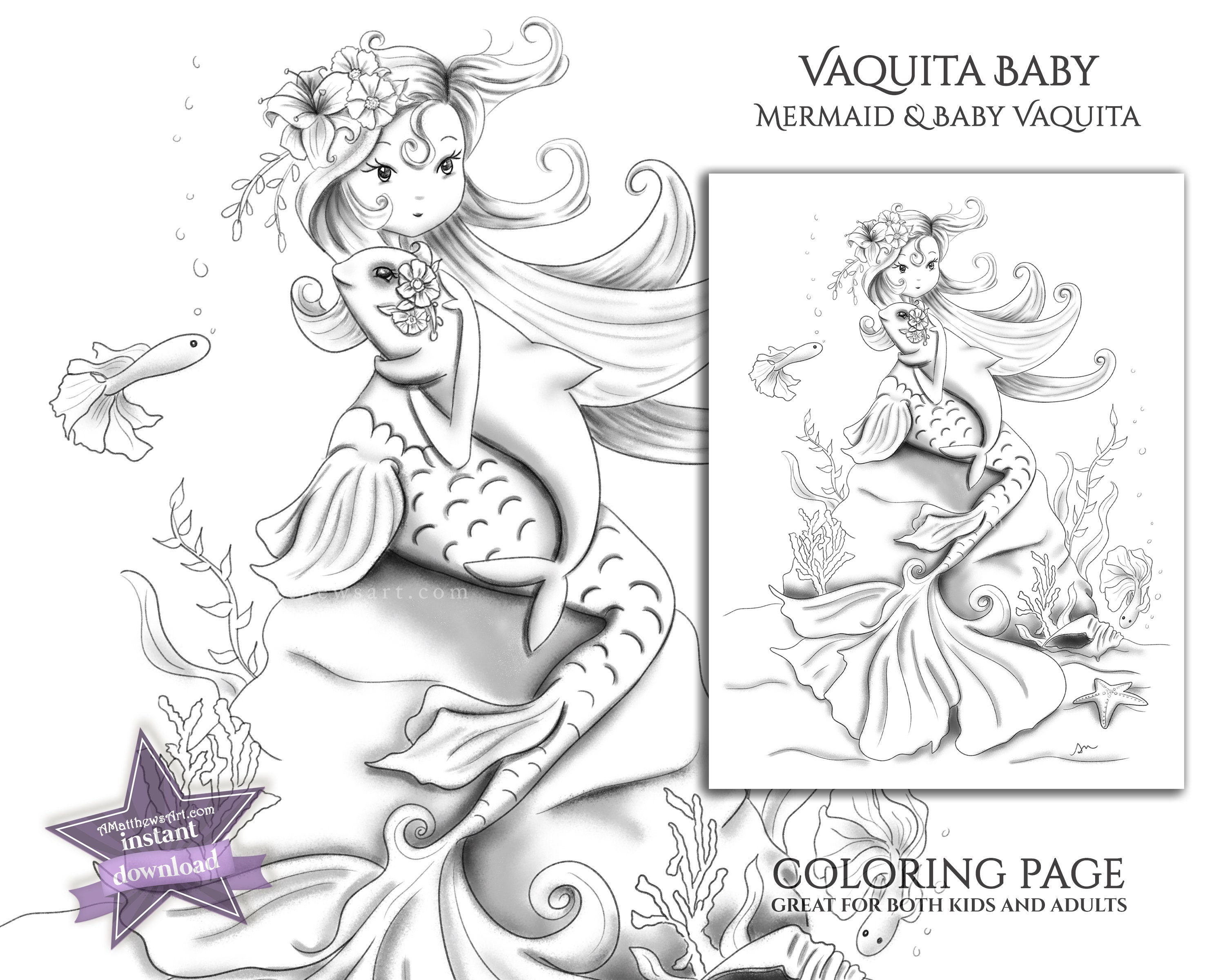 Mermaid coloring pages with baby vaquita dolphin printable pdf