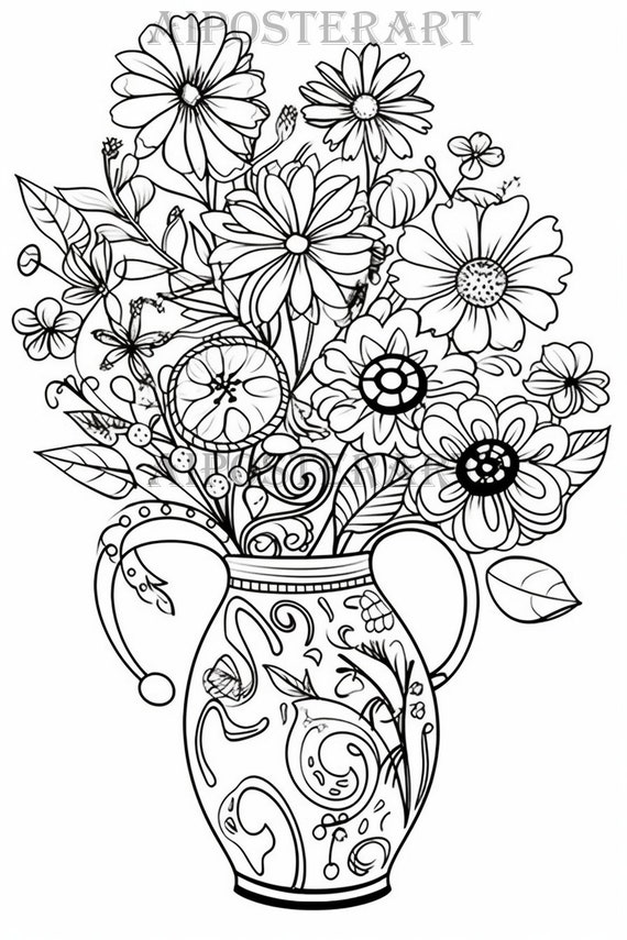 Flowers in a vase coloring page for adults and kids printable coloring sheet two handled vase of flowers high res x pixels download now