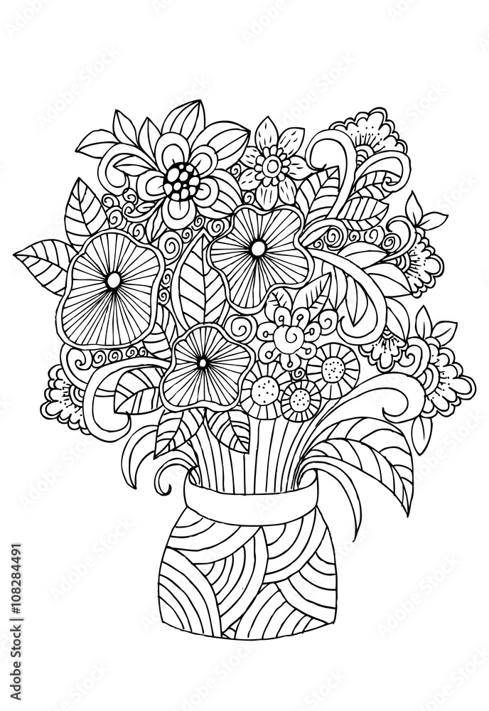 Doodle flowers in vase adult coloring page vector