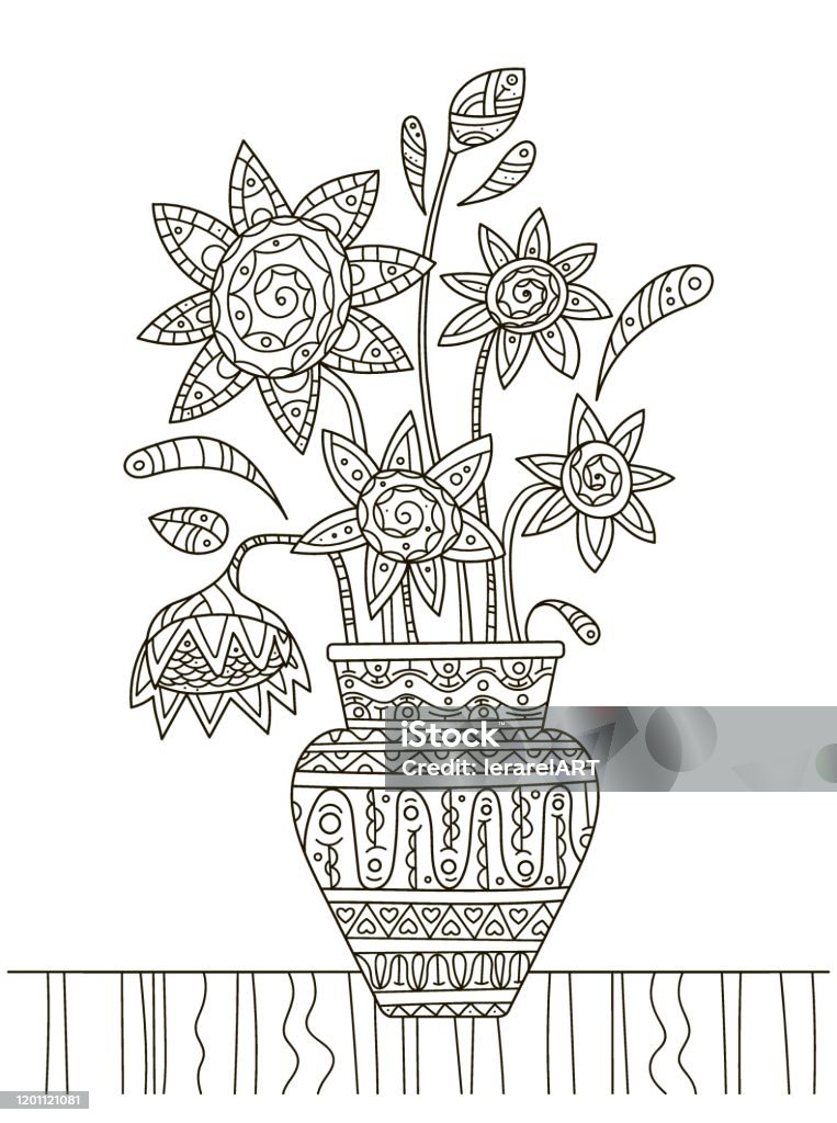 Hand drawing coloring book for children and adults a beautiful pattern with small details for creativity antistress decor still life with sunflowers in vase as in the pictures of van gogh a