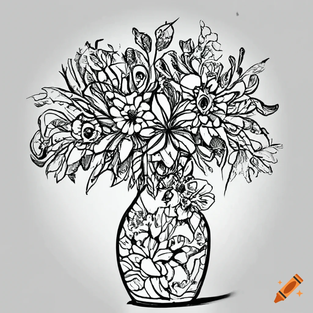 Coloring page of vase of flowers like a tree on