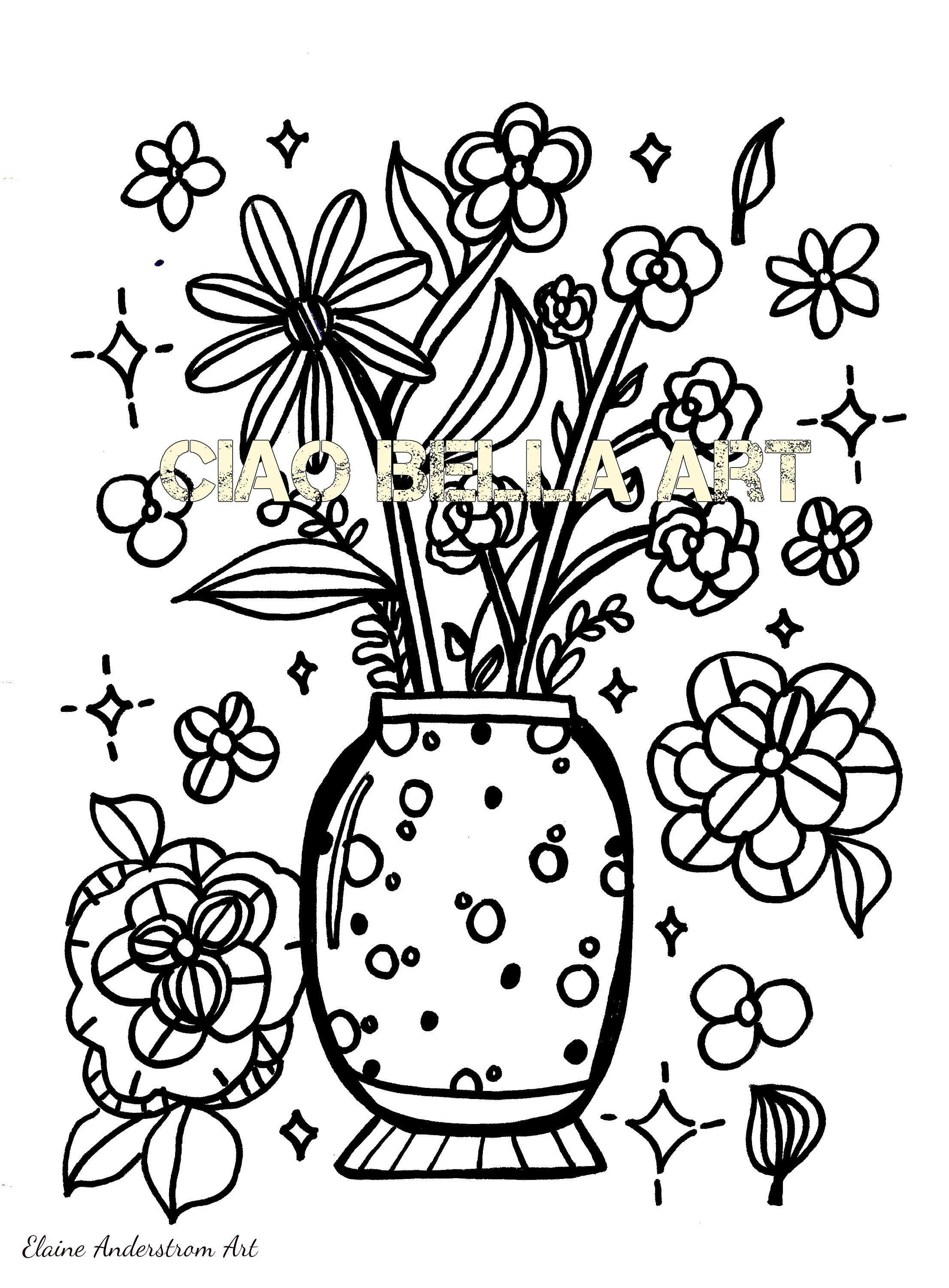 Flower vase coloring page design instant download