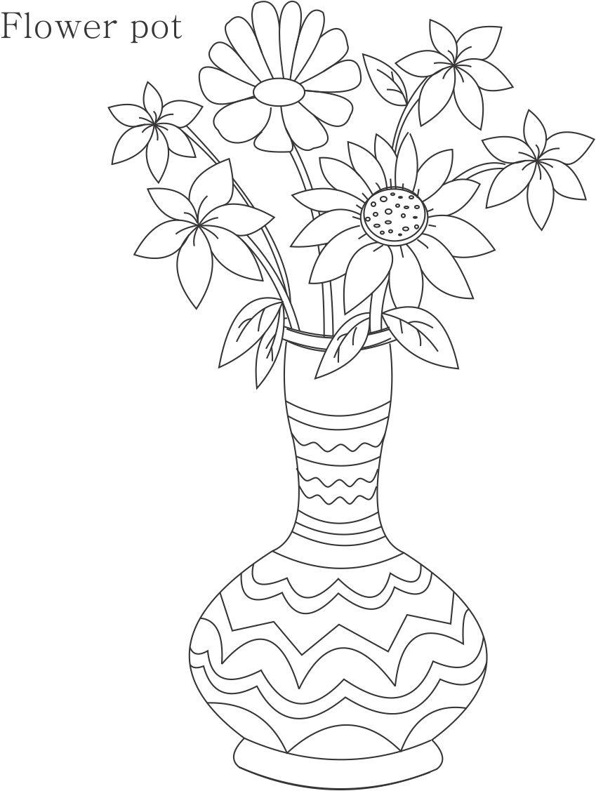 Flower pot coloring printable page for kids