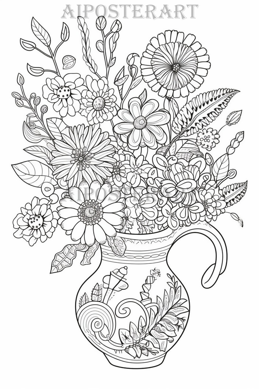 Flowers in a jugvase coloring page for adults kids printable coloring sheet bouquet of flowers high resolution x pixels