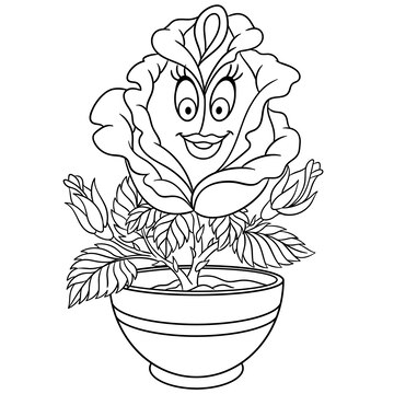 Premium vector cute rose flower in pot cartoon funny food emoji face kids coloring page