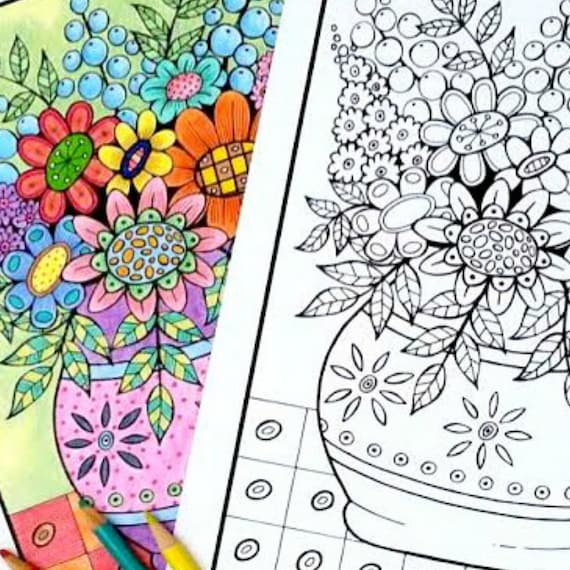 Flower vase adult coloring book page diy printable hand