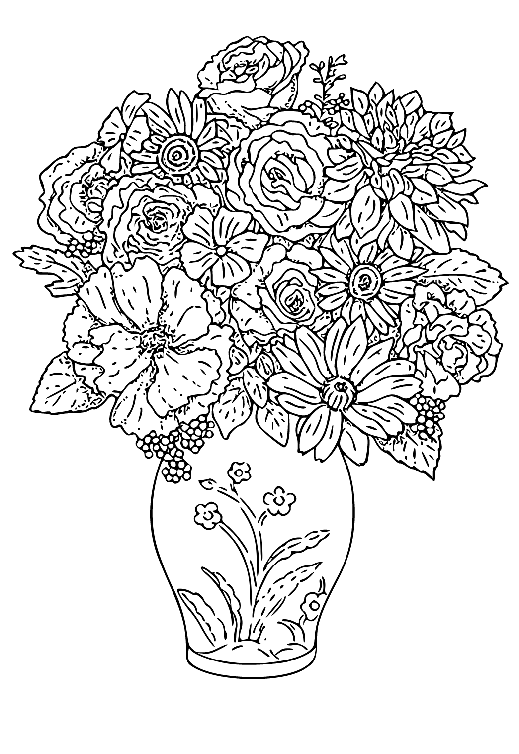 Free printable floral vase coloring page for adults and kids